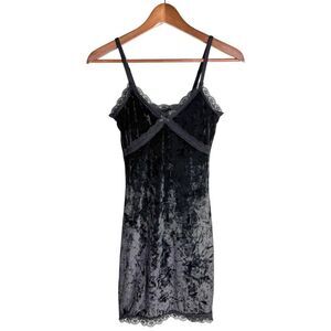 Velvet Babydoll Lace Trim Slip Dress Whimsigoth Fairy Grunge Mini Bodice XS